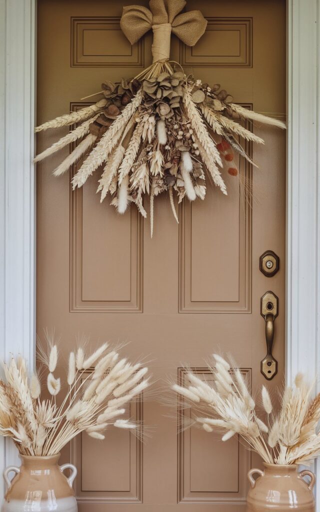 A sophisticated fall door decor with a warm neutral tone. The door is adorned with a hanging arrangement of dried florals, including pampas grass, bleached wheat, dried eucalyptus, and bunny tails. The arrangement is hung from a burlap-wrapped bundle on the upper panel of the door. An antique gold handle and keyhole add a vintage elegance. Ceramic vases with matching dried stems flank the door, keeping the palette soft and earthy. This look is understated yet artful, transforming natural fall textures into an upscale front-door statement.