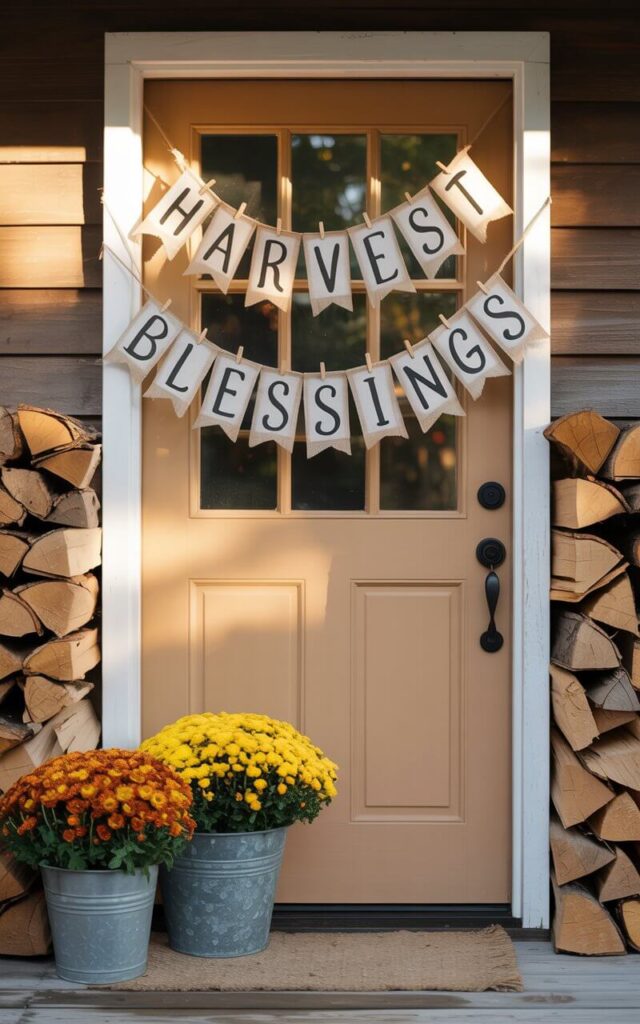 A heartwarming, rustic photograph of a welcoming front door adorned with autumnal decor. A burlap fabric banner stretches across the top, displaying the words “Harvest Blessings” in charming, hand-painted lettering secured with tiny, weathered clothespins gently fluttering in a soft breeze. Two galvanized buckets overflow with vibrant orange and yellow mums, and a neatly stacked pile of firewood sits alongside the door, all bathed in the warm glow of late afternoon sunlight. The scene evokes a sense of homespun fall joy, with the door's soft beige paint providing a subtle contrast to the rich colors of the foliage and wood.