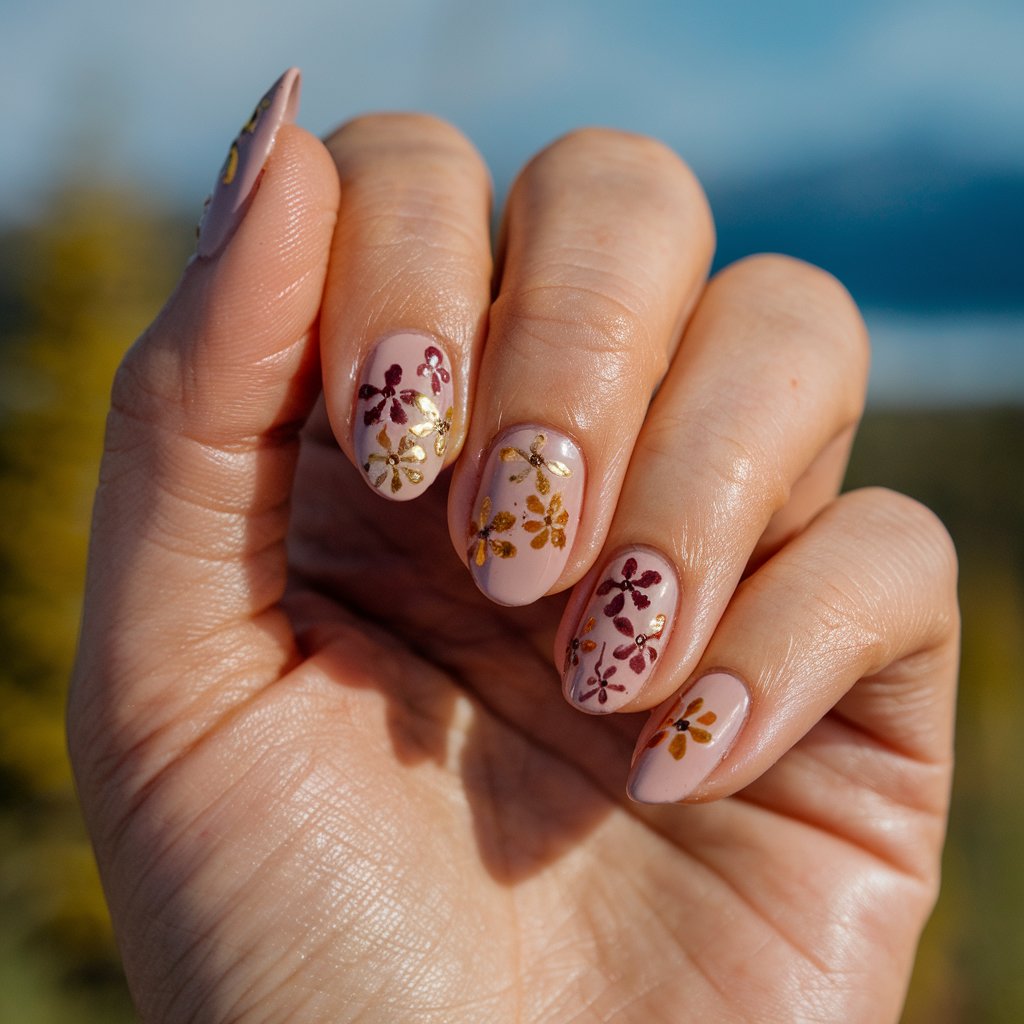 A close-up of a well-moisturized oily woman's single hand only, with five fingers featuring a nude base with hand-painted mini florals in autumnal tones—gold, burnt orange, and dusty maroon. The delicate flowers are tiny and scattered thoughtfully on two accent nails. The long ballerina shape adds softness, and natural bright outdoor garden on a mountain ocean blurry background brings out every brushstroke. Held in a relaxed pose, the hand highlights each petal's detail. These Thanksgiving nails are romantic and garden-inspired. The skin is very shiny from body oil.