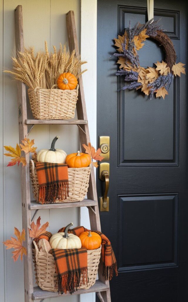A vintage wooden ladder leans gently against the wall beside a well-designed matte black door. This very well decorated fall setup uses the ladder's rungs to display woven baskets filled with dried wheat, miniature pumpkins, and orange plaid scarves. The door itself features a brass handle and keyhole that shine subtly in the afternoon light. Above the door hangs a wreath of dried lavender and maple leaves, blending effortlessly with the ladder's contents. The look is cozy and layered, evoking the feeling of a countryside harvest with thoughtful placement and handmade touches.