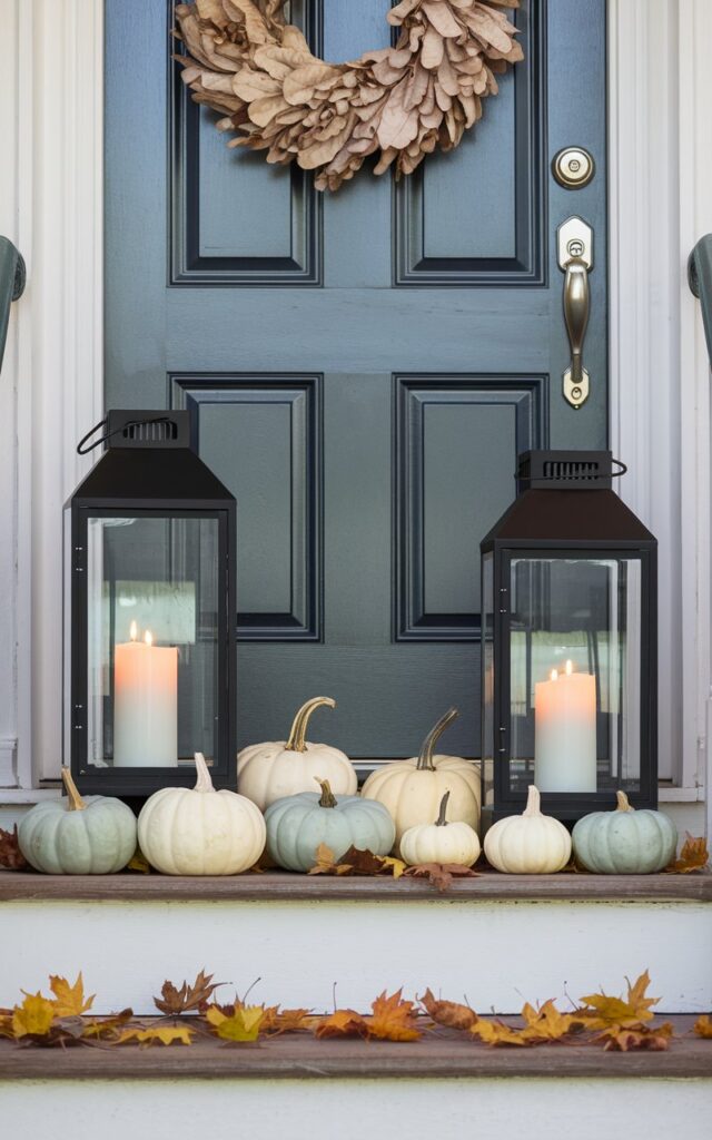 A photo of a well-decorated entryway with a slate blue door. On each side of the door, large black lanterns with LED candles sit. The candles flicker warmly, creating a cozy glow perfect for chilly fall nights. The entryway also includes miniature pumpkins in soft white and sage hues arranged artfully around the lanterns. A dried leaf wreath hangs on the door, its colors echoing the tones below. The handle and keyhole are brushed nickel, reflecting the candlelight softly. The stairs leading up to the door are dusted with a light layer of fallen leaves, completing this serene, softly glowing fall vignette.