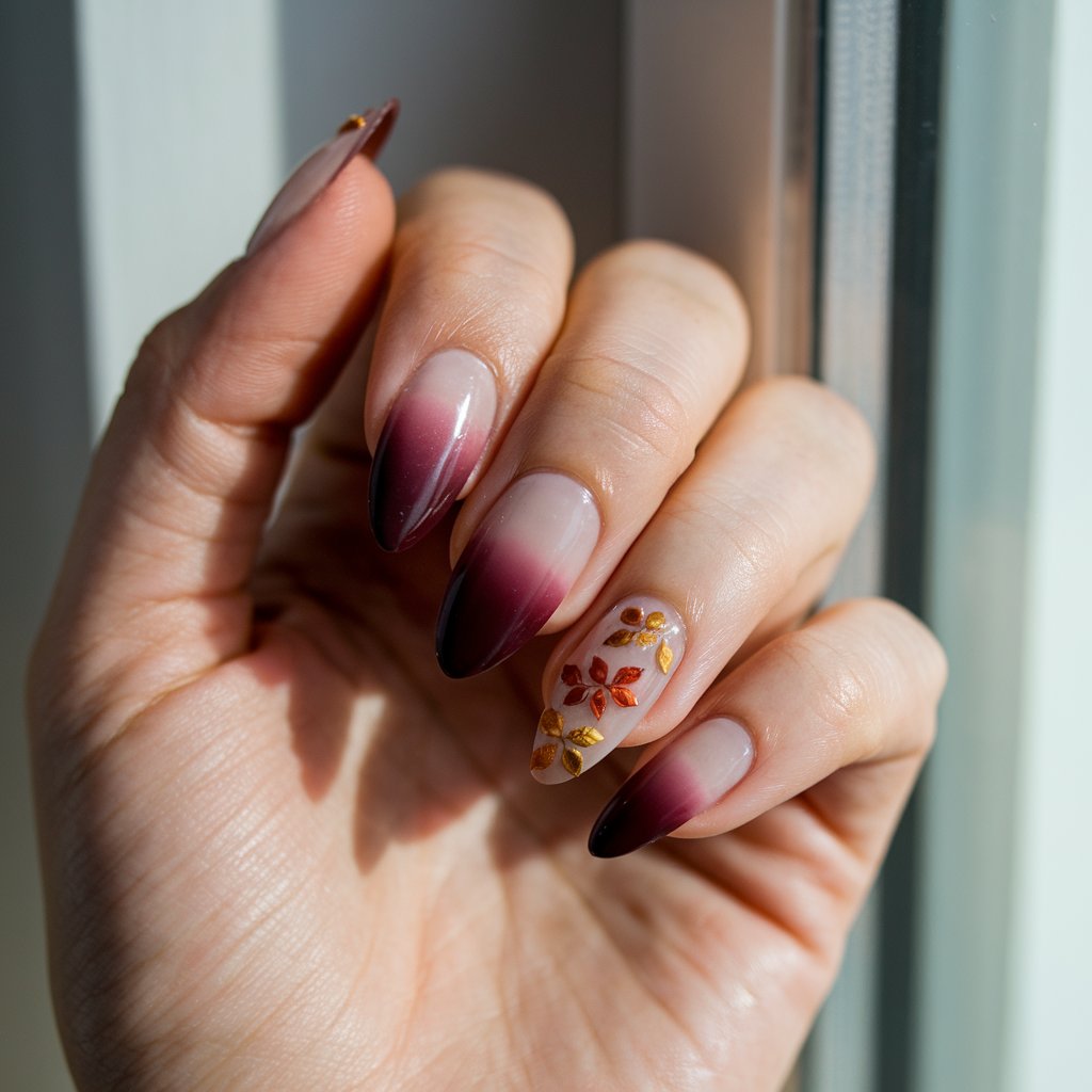 A photo of a close-up of a well-moisturized oily woman's single hand with five fingers. The nails have a sheer nude-to-burgundy ombré fade. Two accent nails feature tiny fall leaves in gold, orange, and brown, delicately scattered near the tips. The nails are almond-shaped with a glossy topcoat that gleams under natural bright sunlight. The blurred background is a window. The relaxed pose of the hand captures the graceful transition of colors and the autumnal detail. These Thanksgiving nails feel like a gentle breeze through golden leaves.
