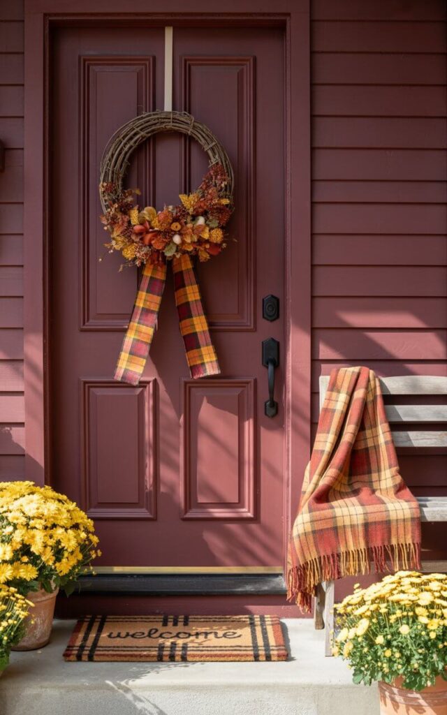 A photograph of a deep burgundy front door adorned with rich fall textures and a welcoming ambiance. A grapevine wreath with a rust, mustard, and cream plaid ribbon sits atop the door, complemented by a layered doormat displaying a subtle "Welcome" pattern below. Flanking the door are vibrant golden mums in terracotta pots, while a casually draped plaid throw blanket in similar tones rests on a nearby weathered wooden bench. Soft, diffused sunlight illuminates the scene, creating a cozy and classic autumnal mood.