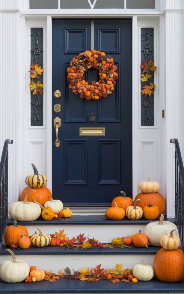 A photo of a navy blue door with a charming design. The door is the centerpiece of a well-decorated fall scene. Along the front steps and at the base of the door, there is a pumpkin parade with pumpkins in various shapes and shades. Some pumpkins are stacked, while others are in clusters. There are also ornamental gourds for visual interest. The brass handle and keyhole gleam against the dark door, adding a subtle metallic accent. A matching wreath hangs at eye level, tying in pumpkin tones and textures. A scattering of colorful leaves enhances the seasonal feel. This setup is a textbook example of fall door decor done right.