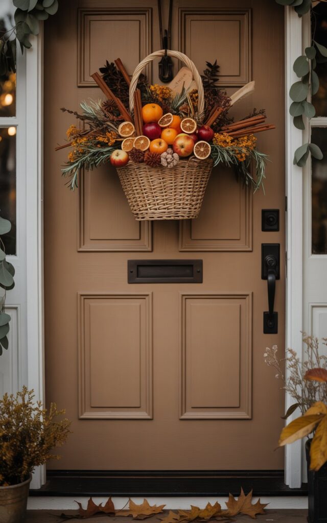 A photograph of a richly decorated front door, centered in the frame, showcasing a quintessential fall aesthetic.  A woven hanging basket overflowing with dried orange slices, cinnamon sticks, clove-studded apples, and rosemary sprigs adorns the door, which is painted a warm mocha tone and features a sleek black door lock. Subtle garlands of eucalyptus and dried flowers frame the doorway, with fallen autumn leaves scattered artfully on the porch below. Soft, golden hour light illuminates the scene, casting a warm glow and highlighting the inviting details of this charming autumnal display.