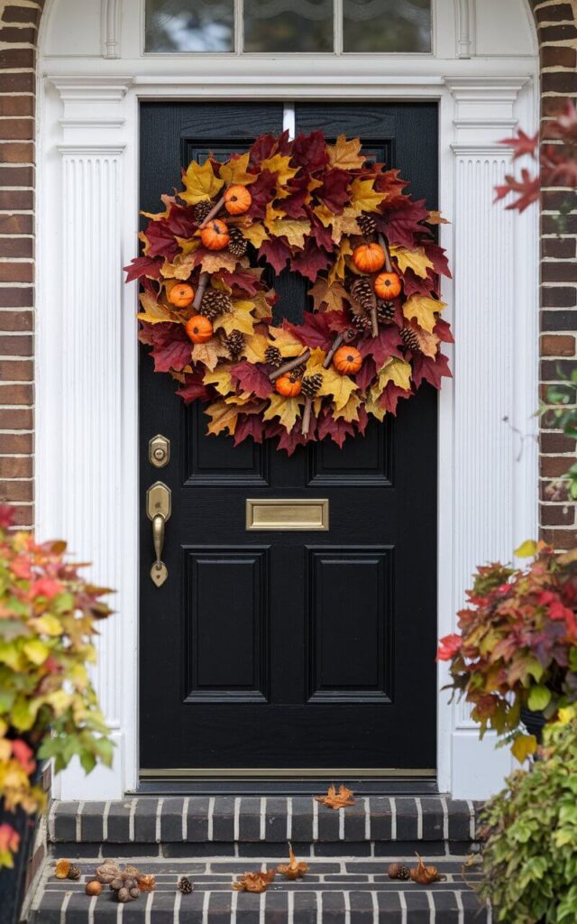 A photo of a black door with a large, lush autumn wreath made of faux maple leaves in deep reds, golden yellows, and burnt oranges. The wreath is adorned with small pinecones, acorns, cinnamon sticks, and miniature pumpkins. The door has a brass handle and keyhole. The door is framed by white trim. Scattered around the steps are a few fallen leaves. The background contains a brick wall and a few plants. The overall scene is well-lit.
