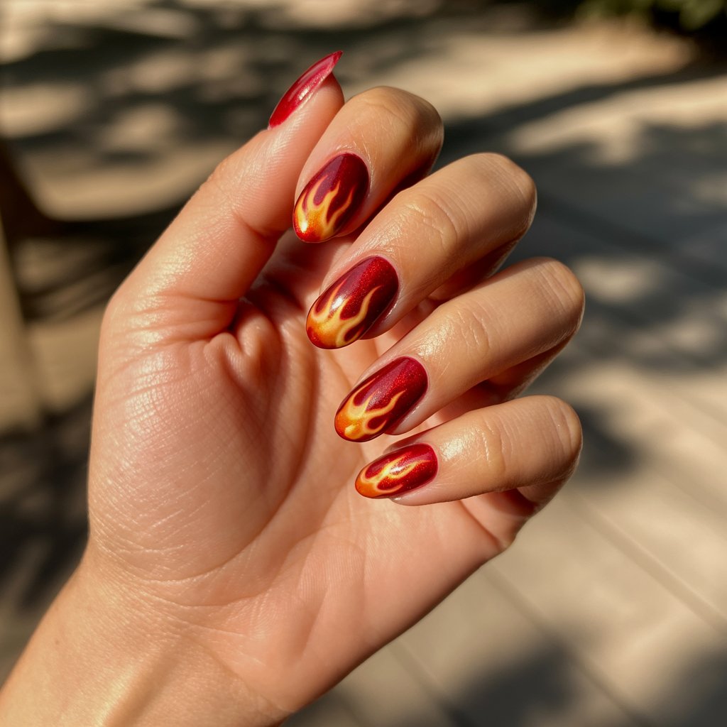 A dramatic close-up photograph showcases a woman's hand, the sole focus against a softly blurred outdoor background of dappled sunlight. The hand, with well-moisturized skin, displays five long, almond-shaped nails painted with a fiery red cat eye design, the deep scarlet base shimmering with a magnetic effect like dancing flames. Bold flame nail art in vibrant orange and gold rises from the cuticle of the ring finger, adding a striking visual accent, while the hand rests in a relaxed pose, slightly tilted to catch the light. The warm, natural sunlight illuminates the scene, creating a captivating contrast between the glowing skin and the intense, fiery nails.