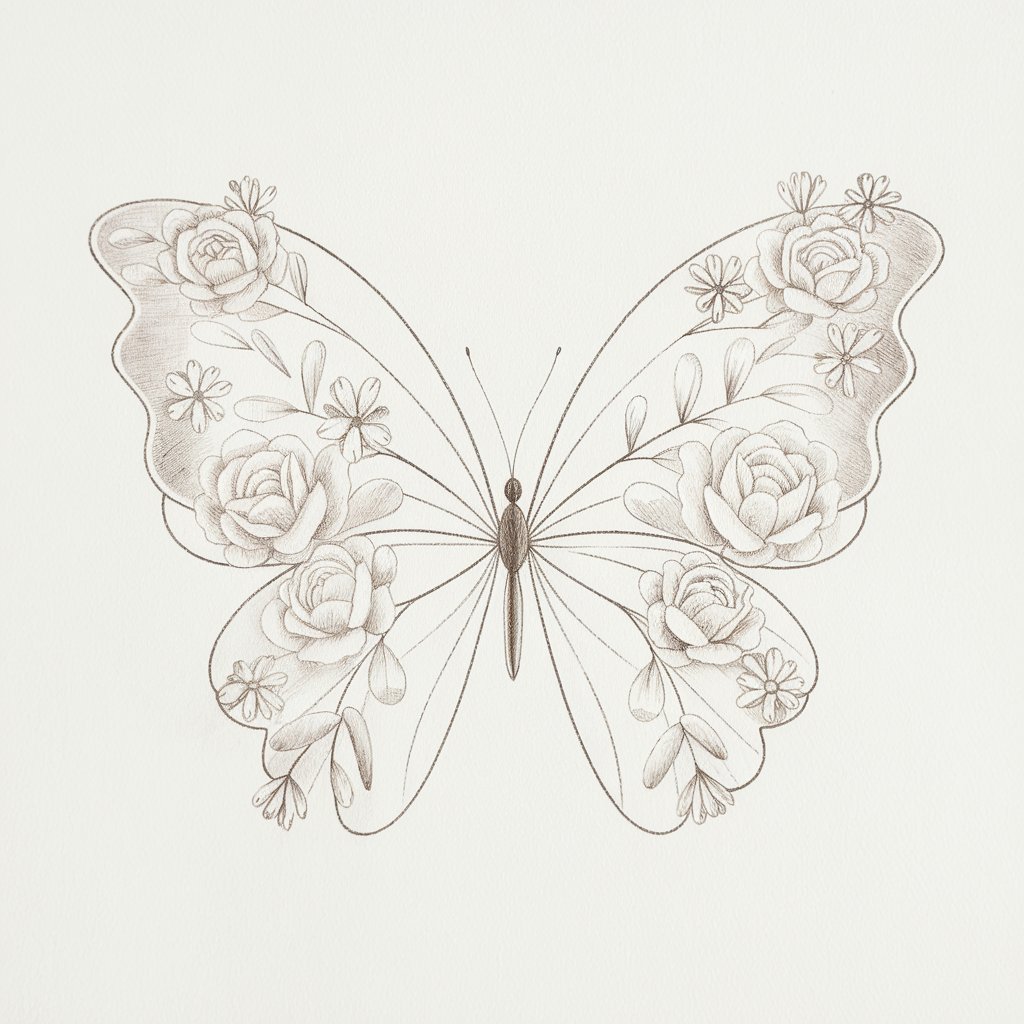 A minimalist, plain white background pencil drawing illustration of a butterfly with intricately sketched floral patterns replacing traditional wing designs. Each wing features clusters of simplified roses and daisies, drawn in a simplistic style with soft, rounded petal shapes and fine lines representing stems and leaves. The butterfly's body is delicately outlined, centered between the blooming wing motifs. Subtle shading adds a touch of depth to the floral textures without overpowering the composition. The wings’ curves blend harmoniously with the organic shapes of the flowers, creating a whimsical yet minimal visual effect.