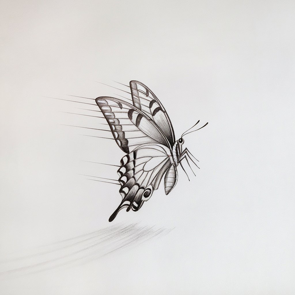 A minimalist pencil drawing of a butterfly in mid-flight on a plain white background. The butterfly's wings are extended asymmetrically, with the lower wing angled downward slightly. There are faint motion trails behind the wings. The butterfly's body leans forward, creating a subtle sense of forward momentum. Soft shading beneath the wings hints at the shadowed underside, reinforcing the feeling of elevation. The drawing is in a simplistic style.