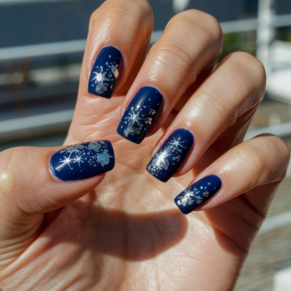 A close-up shot of a woman's hand with five deep sapphire blue nails and scattered silver foil accents. The nails are ballerina style. The woman's skin has an oily texture. The background is a bright outdoors setting with sunlight. The silver foil reflects light, creating glimmering, star-like flecks on the surface of the nails. The hand is in a relaxed pose with slightly splayed fingers, allowing each foil detail to catch light from different angles. The oily skin complements the luxe, celestial quality of the design, giving the entire look an opulent finish.