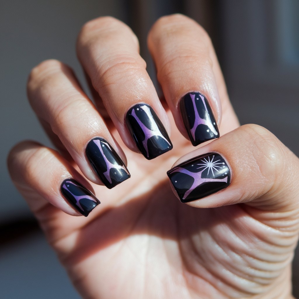 A photo of a woman's hand with five fingers coated in cosmic black cat eye polish. The nails are square-shaped and feature a metallic purple-blue magnetic line across an inky black base. There is a single accent nail with a delicate white starburst. The hand is posed in a relaxed position, palm down, catching beams of natural sunlight. The background is blurry. The nails shimmer and have a glossy finish. The galactic look is both edgy and enchanting.