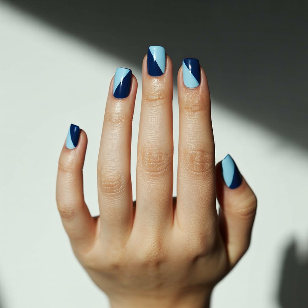 A photograph of a woman's hand, cropped closely to emphasize its form, displaying five fingers adorned with crisp geometric nail art. The nail designs feature alternating shades of deep navy and soft pastel blue, with sharp angles and clean lines creating a modern aesthetic. The hand rests gently against a blurred background of soft, natural light, showcasing the dewy, well-moisturized skin and emphasizing the stark contrast of the nail art. A faint shadow from above casts subtle highlights, giving depth to the fingers and enhancing the minimalist composition.