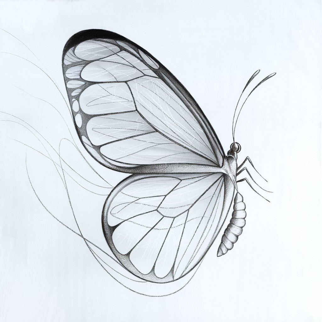A pencil drawing illustration of a butterfly with transparent, glass-like wings. The wings are drawn in a simplistic style with very faint, curved outlines and barely-there internal veins. Gentle, wispy lines create the illusion of translucency, while subtle graphite shading around the edges gives the wings form without heaviness. The butterfly's slender body is finely drawn, its antennae lightly arched. The overall piece feels airy and delicate, emphasizing the fragility and grace of a glasswing butterfly through minimal lines and open white space.