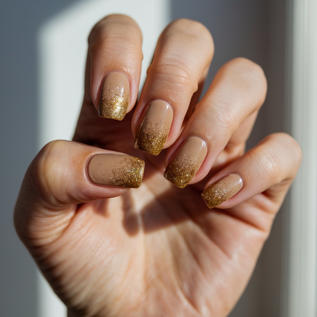 A close-up of a well-moisturized oily woman's single hand only shows five fingers coated in a warm mocha brown shade layered with a golden glitter topcoat. The glitter is concentrated at the base and gently diffuses toward the tips, creating a gravy-glam ombré effect. Her hand is set in a relaxed pose with soft finger spacing. The natural bright sunlight from a window in the blurry background catches the glitter beautifully, making the Thanksgiving nails sparkle subtly. Her skin appears luminous, enhancing the indulgent, rich tones of the nail design. The nails are long ballerina nails.