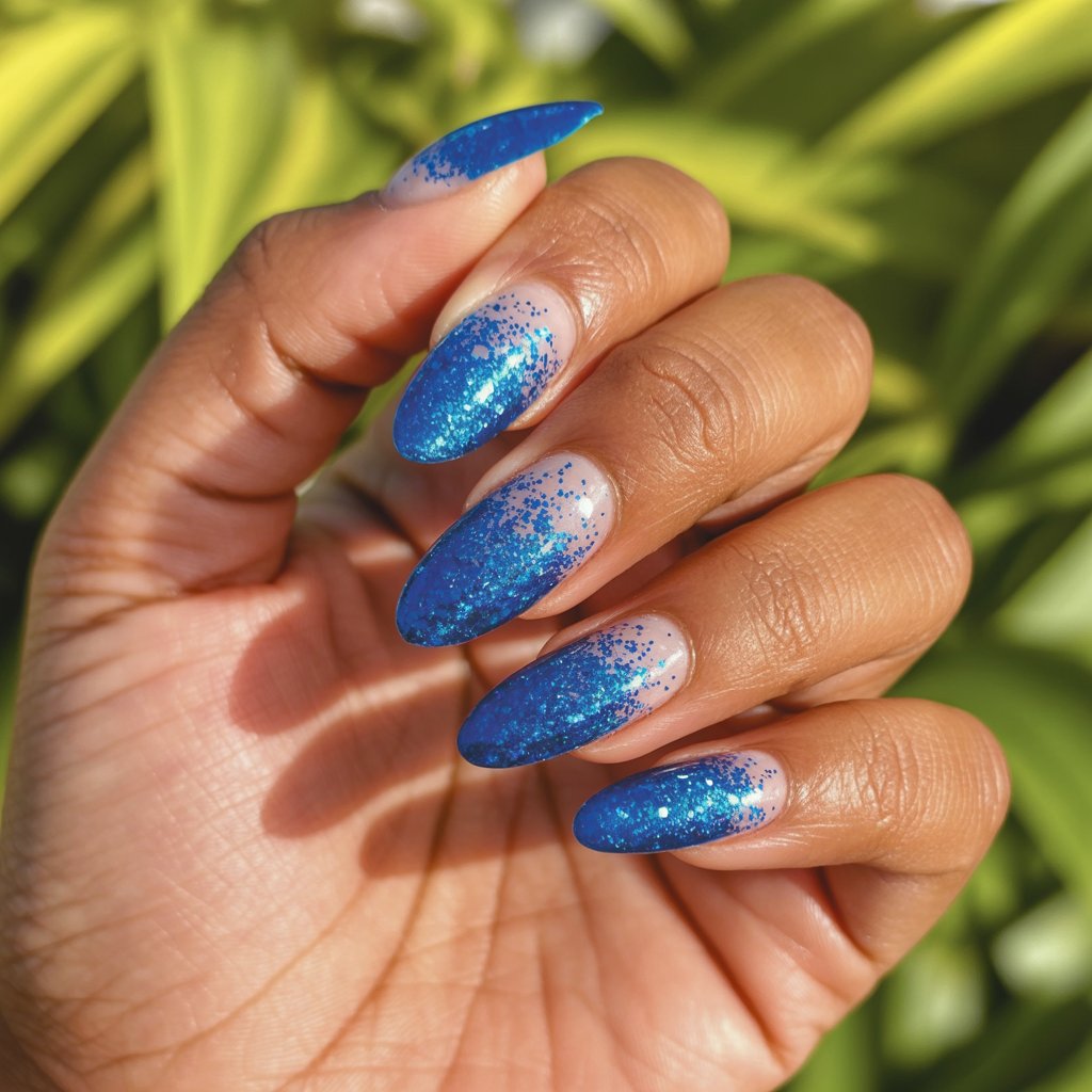 A photograph capturing a close-up of a woman’s hand, showcasing five elegantly shaped stiletto nails dipped in a vibrant sapphire blue. Each nail tip features a mesmerizing gradient of fine glitter, sparkling intensely under bright natural sunlight, with the shimmer fading gently towards the base. The hand rests in a relaxed pose against a softly blurred background of lush greenery, highlighting the glossy and well-moisturized skin. The overall scene exudes a glamorous and celebratory feel, enhanced by the playful contrast between the bold blue color and the radiant sparkle.