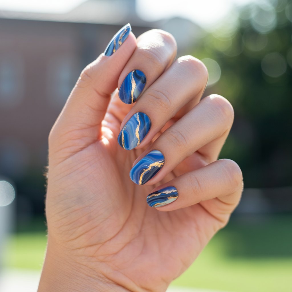 A photograph of a single woman's hand gracefully posed against a softly blurred outdoor backdrop. The hand presents five fingers adorned with striking blue marble nails, each intricately detailed with swirling navy, royal, and pale blue hues interwoven with delicate gold foil veins that catch the light. Held in a relaxed arch, the fingers showcase luminous, hydrated skin, enhancing the luxurious effect of the unique nail design. Sunlight gently illuminates the scene, creating subtle glints off the gold foil and casting a soft glow on the hand against the bokeh background.