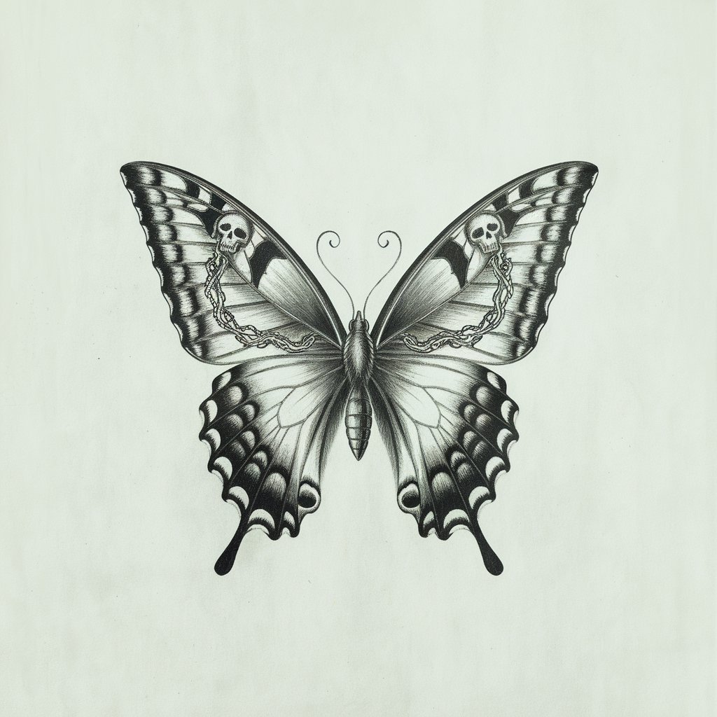 A minimalist pencil drawing of a butterfly on a plain white background. The butterfly has gothic-inspired wing accents with lace, thorn, and mini skull motifs. The wings have sharp edges and angular tips. The body is shaded slightly to provide contrast. The antennae have a slight curl.
