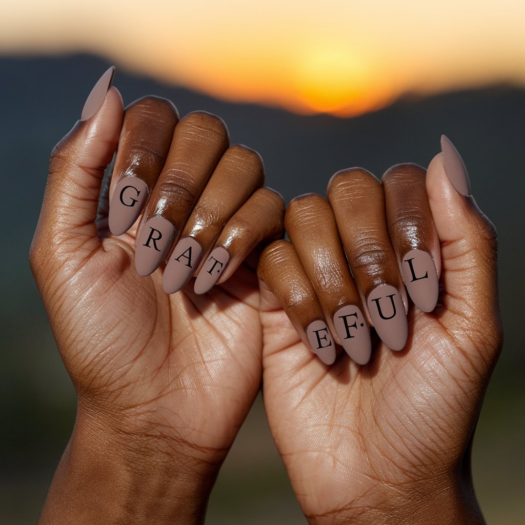 A close-up of a well-moisturized oily black woman's two hands with five fingers each painted in a velvety matte taupe. Each nail bears a single black hand-lettered character spelling "G-R-A-T-E-F-U-L." The elegant block font is crisp and centered. The almond-shaped nails are cleanly filed and uniform. The background is a blurry mountainous landscape with a natural bright outdoor evening sunset. The hand is held in a relaxed pose, palm slightly inward, giving full focus to the minimalist, meaningful thanksgiving nails design. The nails are long almond nails, and the hands are very shiny from body oil.