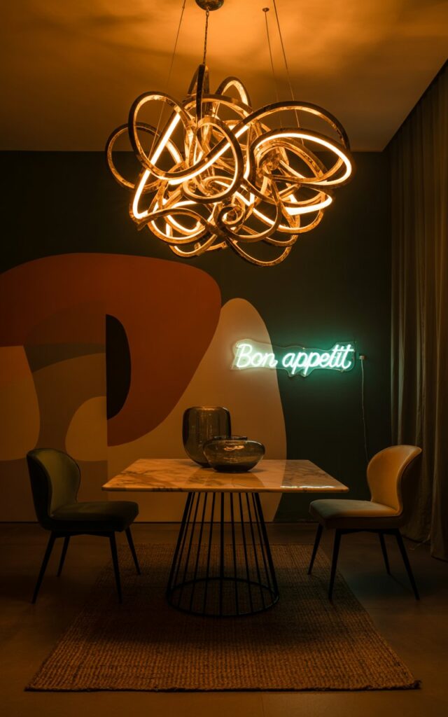 A photograph showcases a dramatically lit eclectic dining room, with a sculptural chandelier as the central focal point. The chandelier is crafted from intricately interwoven brass loops, suspended directly above an empty marble-topped table with a sleek black iron base. Below the chandelier, a textured jute rug anchors the space, complemented by two mid-century modern chairs in a deep teal and a large abstract mural in shades of orange and grey adorns the wall, while a neon sign reading "Bon Appetit" subtly glows in the corner. Warm, ambient light emanates from the chandelier, casting shadows and highlighting the gold accents throughout the stylish and sophisticated room.