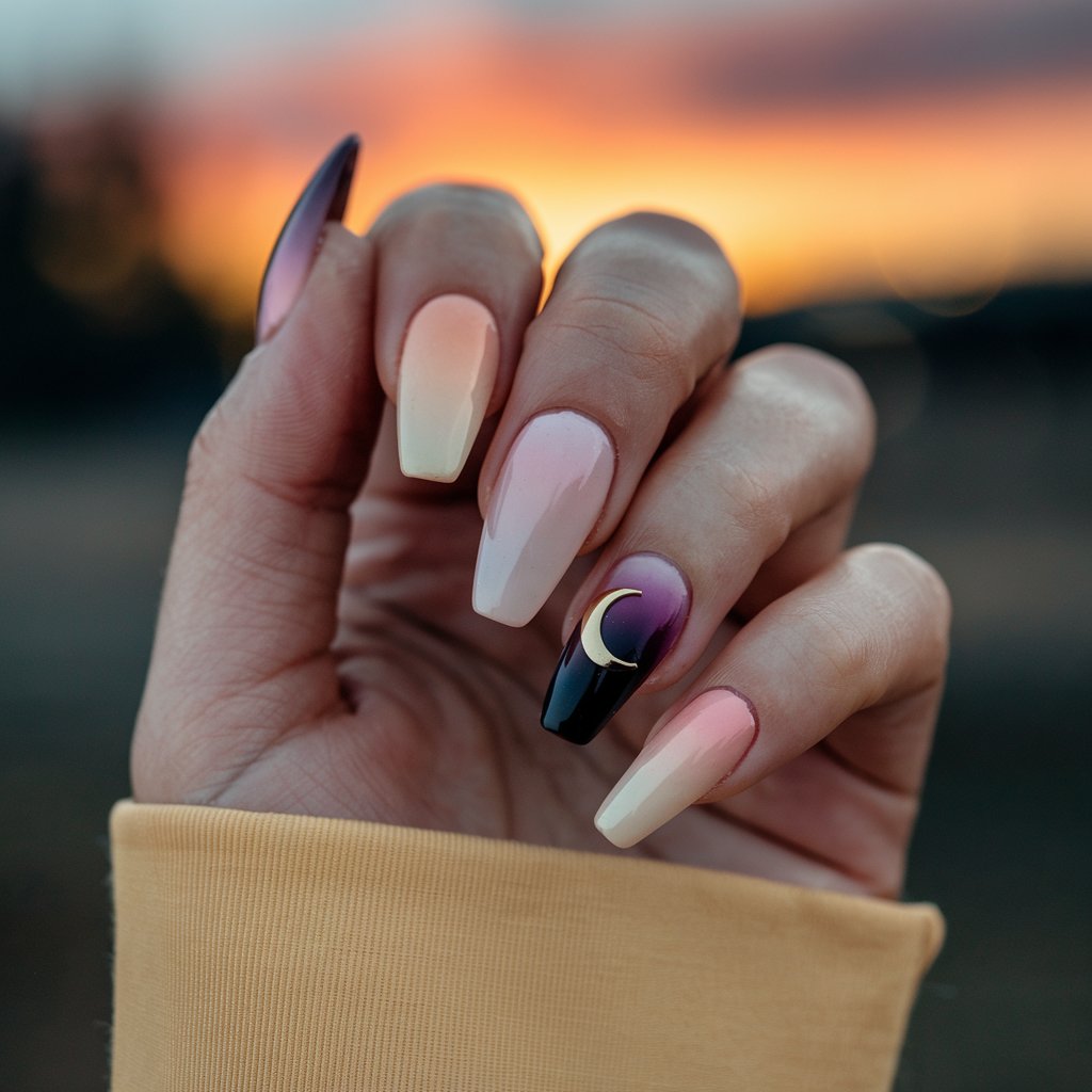 A close-up shot of a well-moisturized oily woman's hand with 5 fingers. The nails are coffin-shaped, glossy, and stiletto-style. The nails have a smooth gradient fade from pale peach near the cuticles to deep aubergine at the tips. One nail features a minimalist gold crescent moon. The background is a blurry outdoor evening sunset scene. The hand is posed in a relaxed curve, drawing attention to the soft ombré effect and celestial accent. The nails have a mysterious and moody vibe, like a fall night sky.