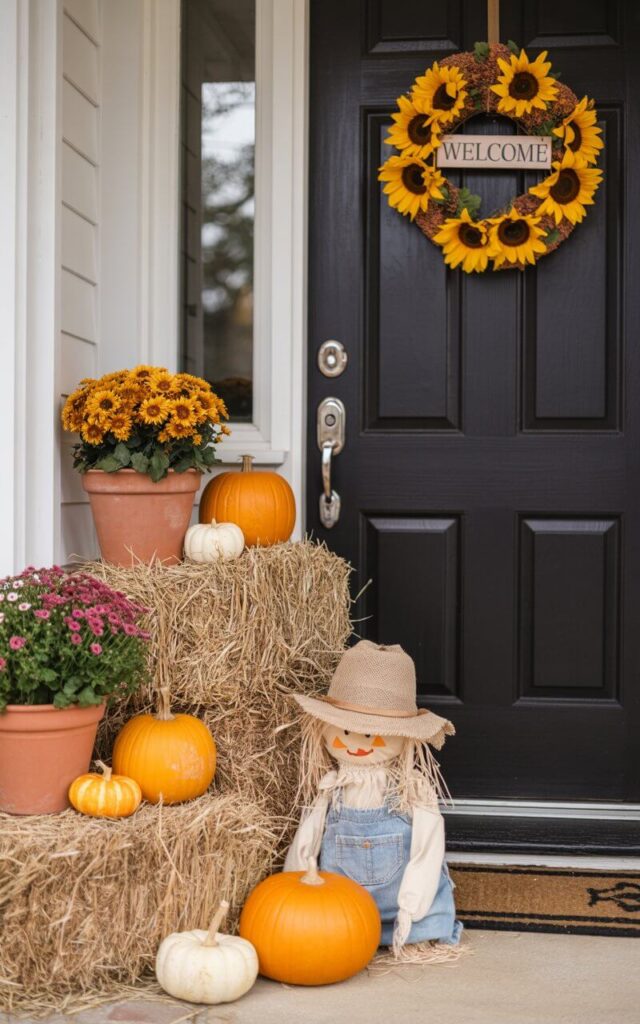 A photograph showcases a charming fall display centered around a sleek black front door. Miniature hay bales are stacked in a staggered arrangement beside the door, adorned with vibrant terra cotta pots overflowing with orange mums, plump pumpkins, and a friendly scarecrow sporting a weathered burlap hat. A sunflower wreath with "Welcome" emblazoned across its center hangs gracefully on the door, while the oil-rubbed bronze door handle and keyhole add subtle metallic accents. Soft, diffused sunlight illuminates the scene, highlighting the textures of hay, burlap, and wood, creating a warm and inviting autumnal vignette.