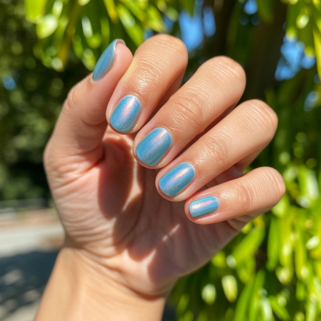 A striking close-up photograph focuses on a woman's hand adorned with meticulously polished nails featuring a baby blue holographic finish. Each of the five ballerina-shaped nails showcases a smooth, reflective surface that subtly shifts with rainbow hues under the bright natural sunlight. The hand is gently posed, fingers softly curved to emphasize the ethereal glow of the polish against healthy, luminous skin. A blurred background of vibrant green foliage and dappled sunlight creates a soft, natural backdrop, highlighting the futuristic shimmer of “baby blue holographic nails”.