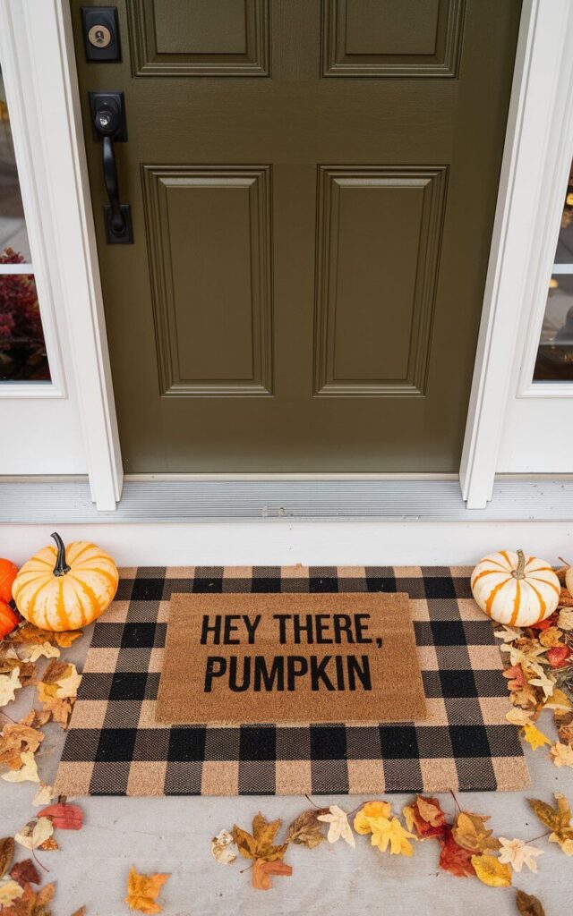 A front entry with a deep olive green door, a large beige and black plaid doormat, and a smaller mat with the text "Hey There, Pumpkin". The door handle and keyhole are matte black. The ground is covered with fallen leaves in warm hues. Two small pumpkins sit on either side of the mat. The overall scene is well-decorated and has a cozy fall palette.