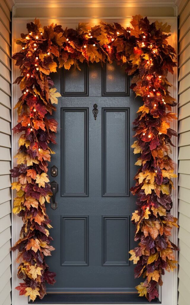 A photo of a charcoal-gray door with a lush garland of faux fall leaves in amber, burgundy, and sienna. The garland frames the door completely, draping from top corners and cascading down each side. Embedded in the foliage are tiny LED twinkle lights that emit a warm glow. The door features a clean-lined black handle and keyhole, both subtly matte. The surrounding siding is off-white. The setting is a fall setting with a warm, inviting atmosphere.