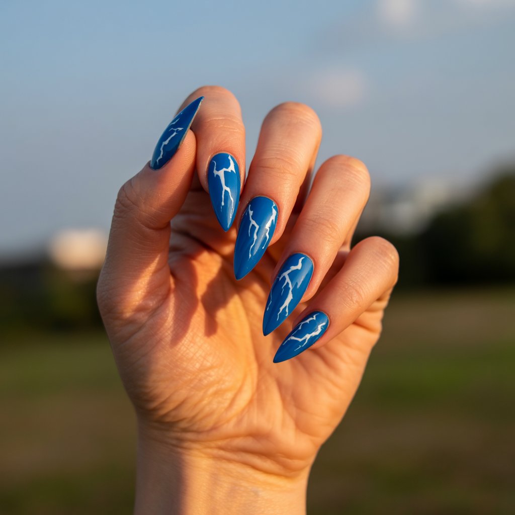 A dramatic close-up photograph showcases a woman's hand, the sole focus against a softly blurred, golden-hour outdoor backdrop. Each of the five fingers displays a stiletto nail meticulously painted in a vivid electric blue, adorned with sharp, detailed white lightning bolt art that catches the light. The hand rests gently, fingers slightly splayed to emphasize the unique artwork on each nail, with glistening skin reflecting the warm evening light. A shallow depth of field isolates the hand, creating a striking contrast against the bokeh of the background, and highlighting the bold, energetic design.
