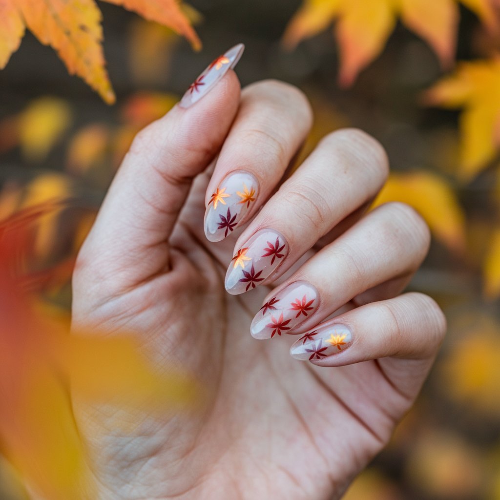 A close-up image of a woman's hand with short almond-shaped nails. The nails have a translucent nude base and are hand-painted with small, delicate maple leaves in tones of burnt orange, rust, and golden yellow. The hand is placed in a relaxed pose, with the fingers arched. The background is a blurry outdoor fall maple forest, with the soft gradients in the leaves enhancing the autumnal designs.