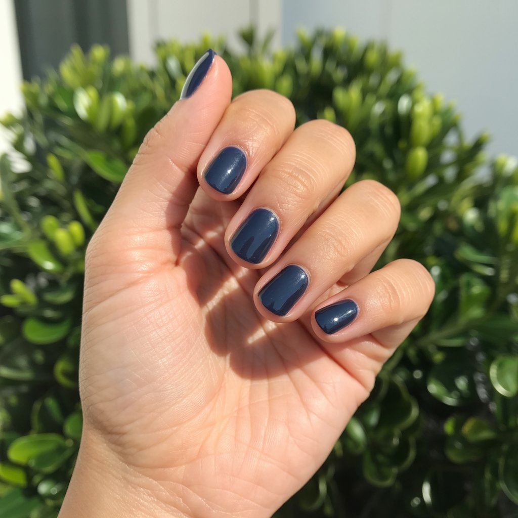 A photograph showcasing a close-up of a woman's hand, the sole focus bathed in bright, diffused sunlight. The hand displays five fingers adorned with deep navy, Ballerina-shaped nails finished in a soft matte texture; each nail exhibits a perfect, uniform length and shape. Resting gently, the hand is positioned against a softly blurred background of lush green foliage, highlighting the velvety texture of the polish and the hand’s well-moisturized, slightly oily appearance. The scene conveys a minimalistic, modern aesthetic, with the sunlight subtly emphasizing the quiet elegance of the manicure.