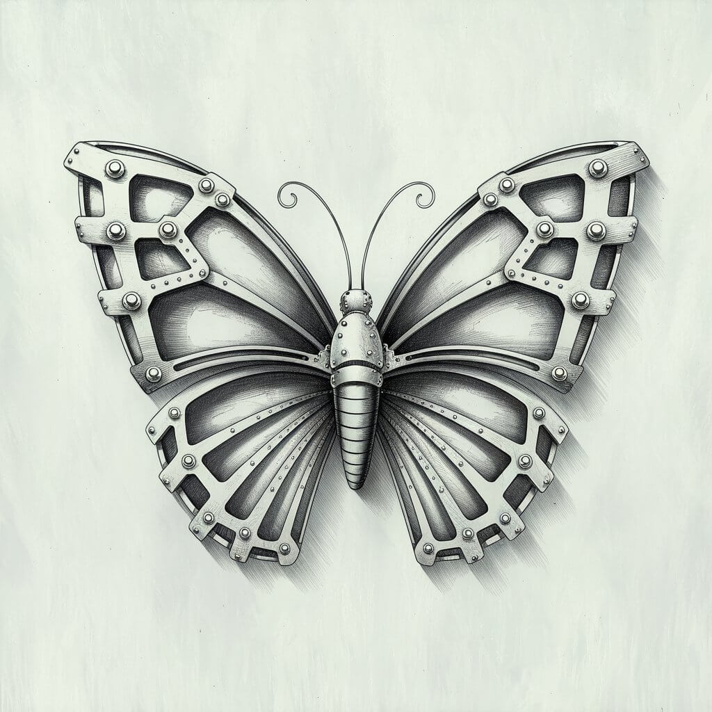 A minimalist, plain white background pencil drawing illustration of a butterfly with steampunk-inspired mechanical wings. The wings are made of interlocking gear shapes, bolts, and mechanical plates. The butterfly's central body is lightly shaded, and it has small rivets. The antennae are curved and thin. The entire illustration has a crisp mechanical aesthetic and follows minimalist composition principles.