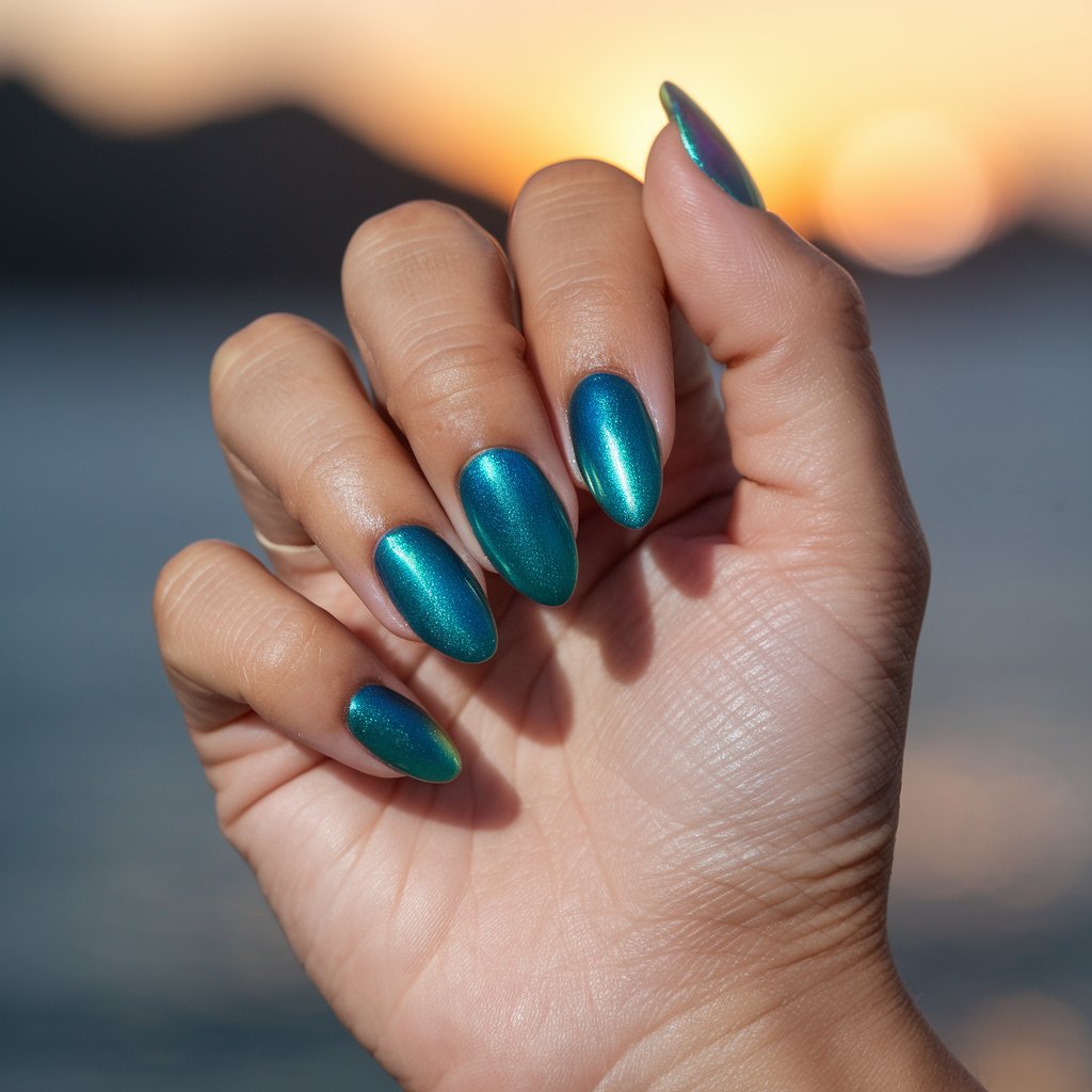 A photo of a well-moisturized oily woman's single hand with whimsical mermaid-inspired cat eye nails. The nails are shaped into a soft almond and painted with shimmering teal polish, overlaid with a magnetic beam that shifts from sea green to aquamarine. The finish is iridescent and deep. The hand rests in a relaxed pose with fingers elegantly curved. The background is a natural bright outdoor sunset with mountains and a blurry ocean. The skin is dewy and luminous.