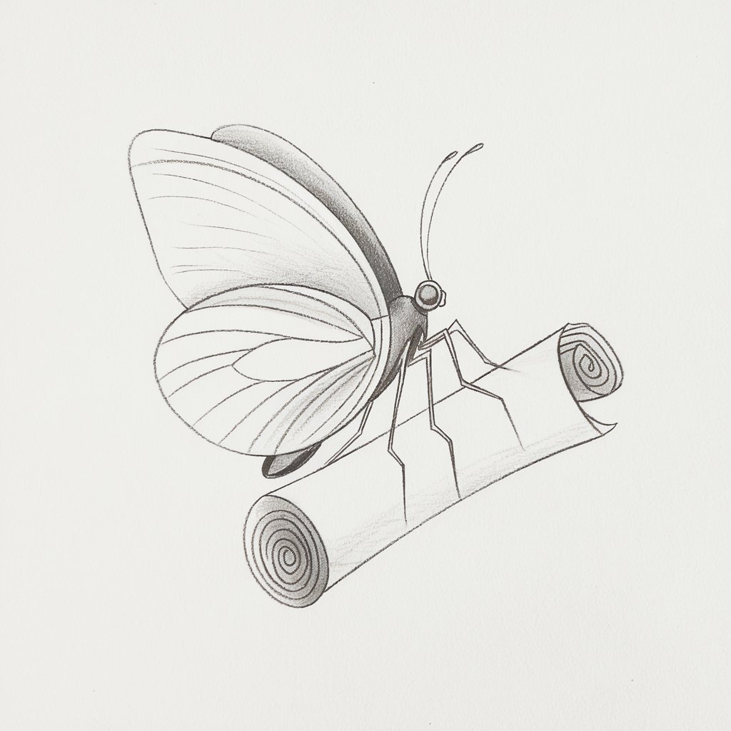 A minimalist pencil drawing of a butterfly holding a tiny scroll in its legs. The butterfly's body is gently curved, and its legs grasp the cylindrical shape of the message. The wings are delicately patterned with faint lines, and the scroll includes subtle spiral ends to suggest rolled paper. The overall composition is balanced and playful, using soft pencil strokes to convey both detail and whimsy without overcrowding the image.