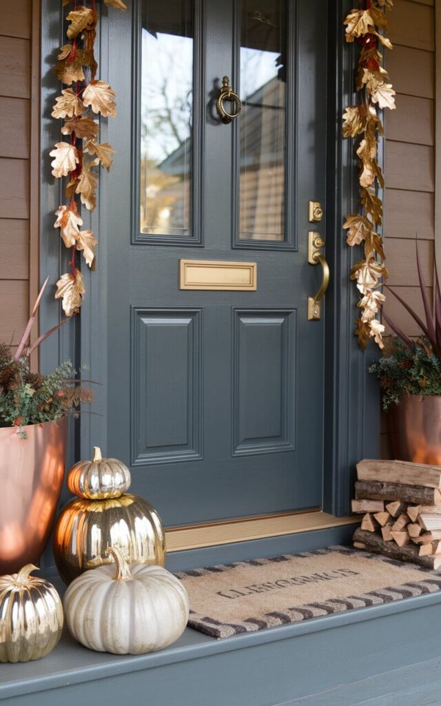 A photo of a front porch with a slate-gray door. The door has a polished brass handle and keyhole. There is a soft linen doormat and stacked firewood next to the door. The porch is decorated with gilded pumpkins, shiny leaf garlands, and brushed metal planters. The metallic gold and copper accents catch the eye. The background is a house with a wooden facade.