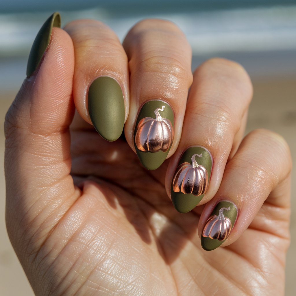 A close-up shot of a well-moisturized oily five fingers woman's hand with a matte olive base and shiny copper pumpkins painted on two nails. The pumpkins are detailed with light linework and tiny gold stems, gleaming under the natural bright outdoor beach background. The nails are medium almond-shaped with sharp, clean edges. The relaxed pose of the hand draws attention to the contrast between matte and metallic. These thanksgiving nails are whimsical, edgy, and uniquely festive. The skin is shiny from baby oil.