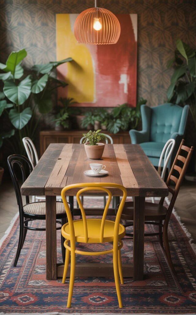 A photograph of a uniquely styled dining room featuring a rustic reclaimed wood table as its centerpiece. Upon the table sits a single, delicate porcelain teacup and saucer, radiating a soft, diffused glow. Six mismatched chairs—a yellow bistro chair, bentwood classic, modern acrylic, teal velvet armchair, mid-century modern, and ladder-back—surround the table, each contributing to the room’s eclectic charm, while a boho-style pendant light casts a warm glow on the patterned wallpaper and oversized abstract painting in the background. Lush potted plants and layered rugs complete the scene, creating a space brimming with personality and inviting warmth.