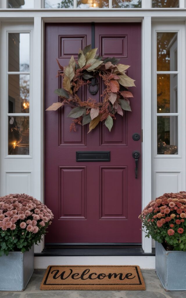 A photograph of a beautifully decorated fall entry featuring a striking plum-colored door as the central focus. The door is framed by two rectangular planters overflowing with muted mauve and dusty coral mums, while a wreath of faded foliage in olive, tan, and charcoal adorns it just above an antique black handle and keyhole. Below the door sits a doormat displaying "welcome" in a rustic script, all bathed in the soft, diffused light of an overcast autumn day. The scene evokes a uniquely sophisticated and moody atmosphere, with subtle shadows enhancing the richness of the colors.