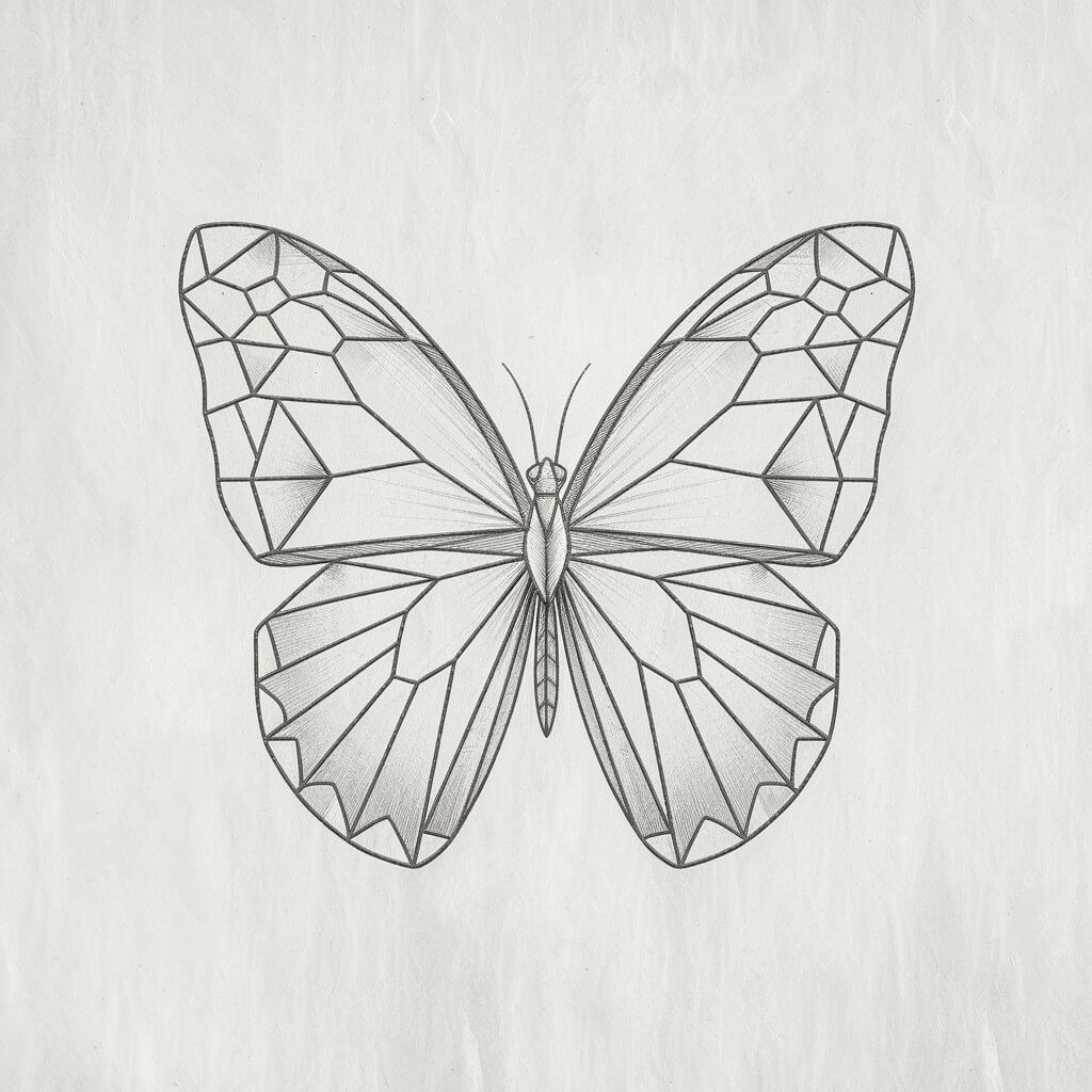 A minimalist, plain white background pencil drawing illustration of a butterfly. The butterfly's wings resemble stained glass mosaics, with each wing divided into geometric shapes—triangles, diamonds, and trapezoids. The body is centrally placed with light shading to anchor the symmetry.