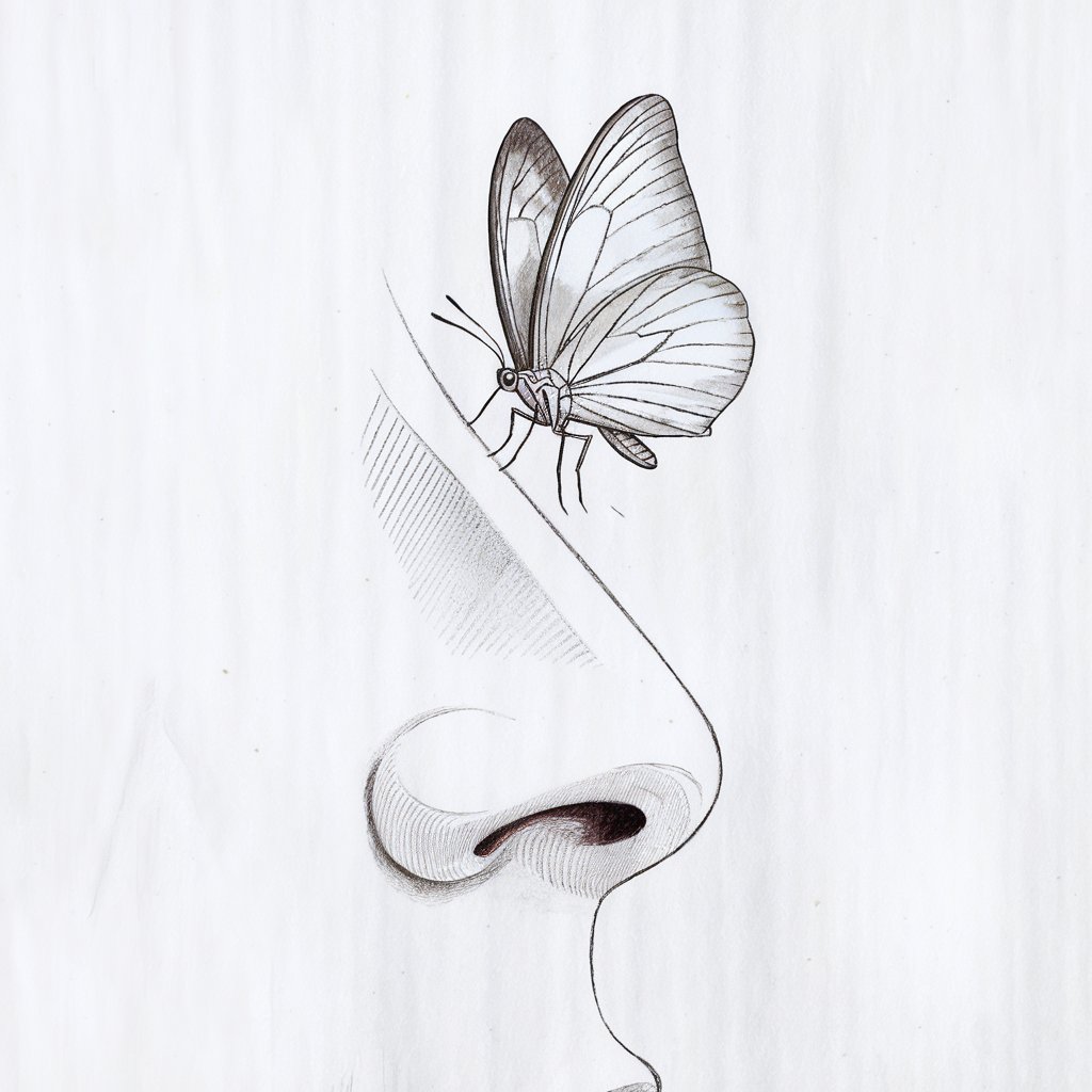 A minimalist, plain white background pencil drawing illustration of a butterfly gently landing on a human nose. The butterfly is drawn in a realistic style with lightly detailed wings and a curved body, perched delicately on a sketch of a nose and upper face. The nose is subtly shaded, with faint nostrils and a bridge indicated by soft contour lines. The butterfly's legs are thin and bent as it balances. The illustration captures a whimsical moment, with expressive simplicity and a touch of humor in the light composition.