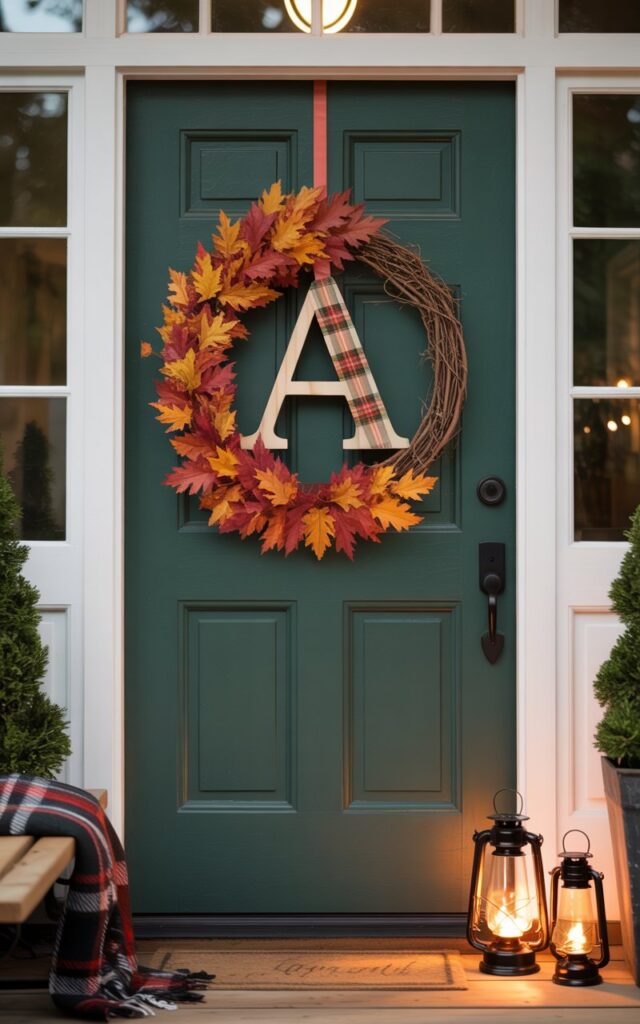 A photograph of a striking wooden monogram "A" centered on a forest-green front door, forming the focal point of a beautifully decorated fall entrance. The large monogram is intricately wrapped in warm-toned plaid ribbon and adorned with vibrant faux autumn leaves, while a simple grapevine wreath gracefully frames it to add structure.  A sleek black door handle and keyhole provide modern contrast to the rustic charm, complemented by two warmly lit lanterns and a cozy plaid blanket draped over a nearby bench. Soft, diffused sunlight illuminates the scene, creating a welcoming and timeless autumnal aesthetic.
