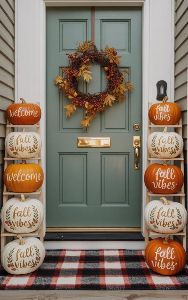 A photograph of a charming fall entrance featuring a well-designed sea-green door as the central focus. Arranged on either side of the door are six hand-painted pumpkins, displaying cheerful sayings like “Welcome” and “Fall Vibes” alongside a house number in elegant script, each adorned with gold leafing and floral accents. A plush plaid rug in autumnal hues lies beneath the pumpkins, while a wreath of dried leaves and berries hangs gracefully above the door. Soft, warm sunlight bathes the scene, highlighting the vibrant colors and creating a cozy and inviting porch vignette.