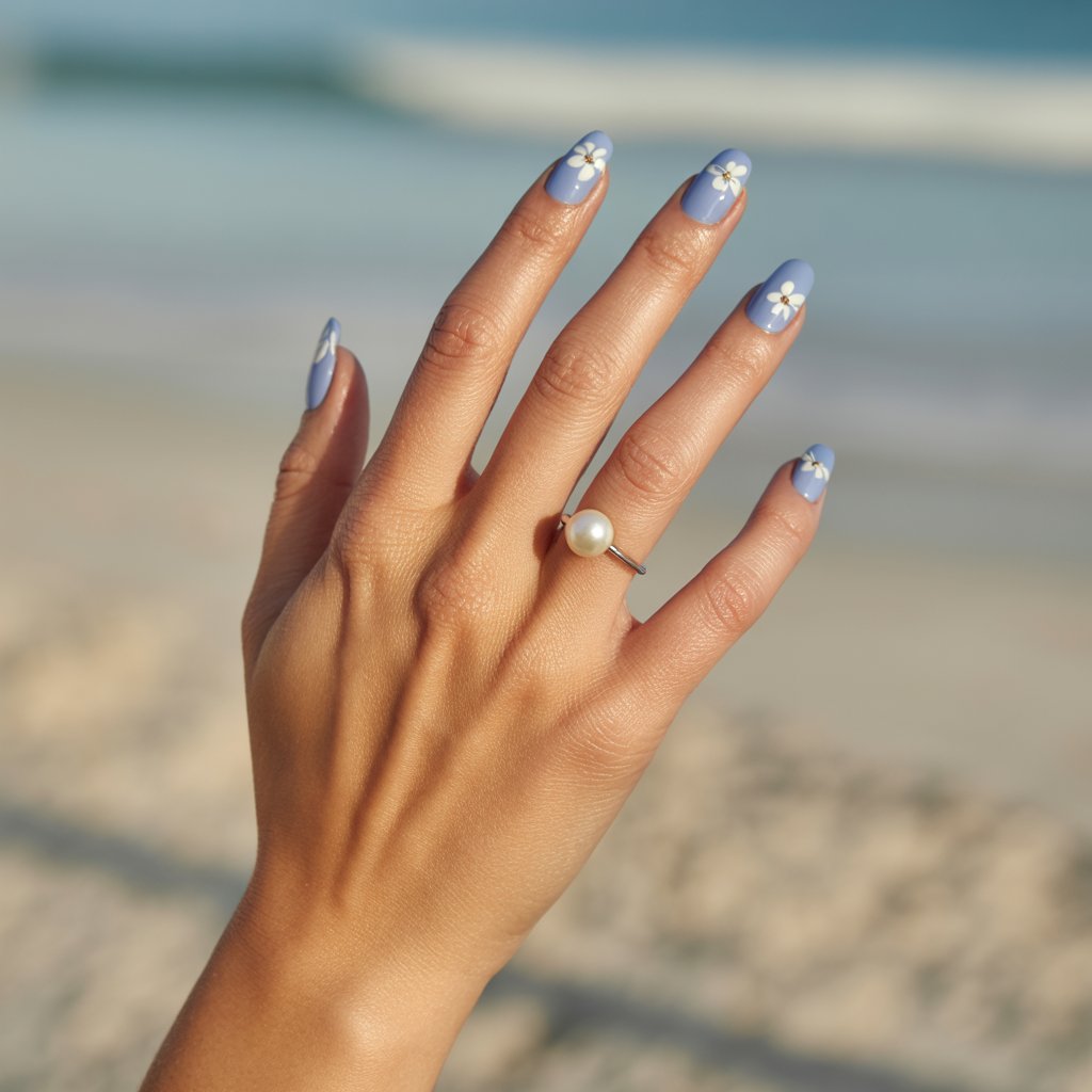 A soft-focus studio photograph captures a single, elegantly moisturized hand, the primary focus of the image. The hand, posed in a relaxed and slightly angled position, showcases five fingers adorned with periwinkle blue nails featuring delicate hand-painted white floral accents; the tiny flowers are scattered across the nail beds with exquisite detail. The background is a softly blurred impression of a sun-drenched beach, with gentle shadows playing across the skin, accentuating the artistry of the nail design and the hand's dewy, smooth complexion, while a single, luminous pearl ring is subtly visible on the ring finger. Warm, diffused light bathes the scene, enhancing the pastel color palette and creating a tranquil, spa-like atmosphere.