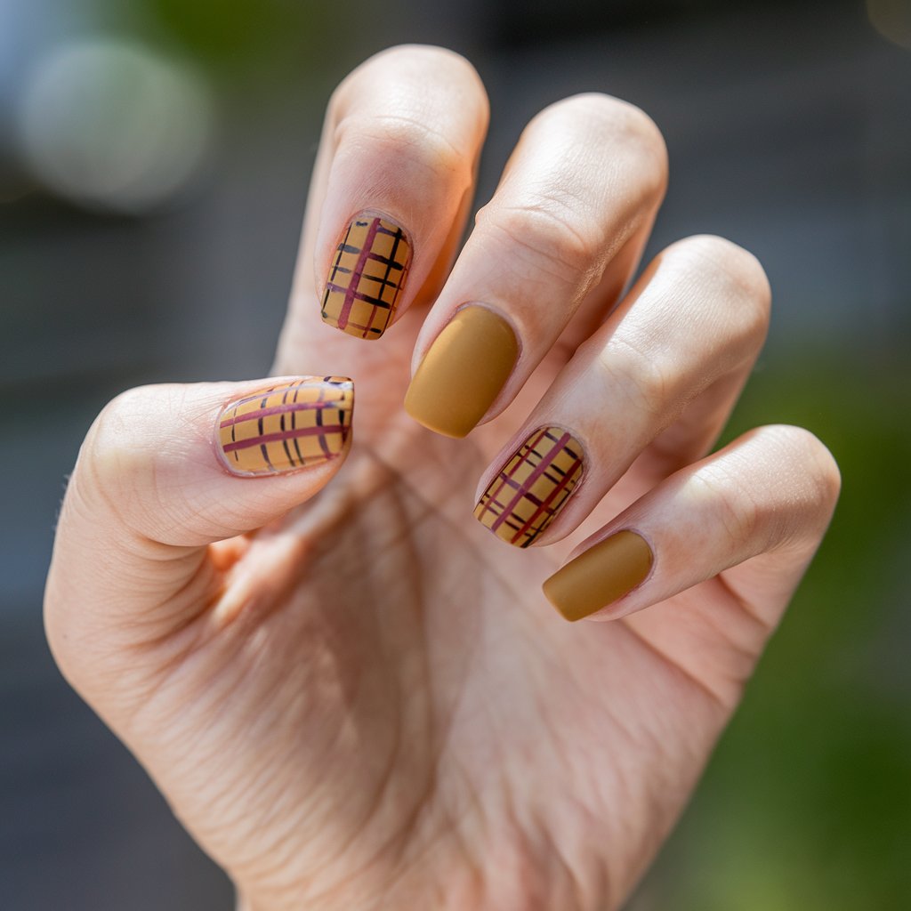 A photo of a well-moisturized oily woman's single hand only highlights five fingers featuring a mix of plaid and solid nails. Two fingers display intricate plaid patterns in mustard, burgundy, and dark brown over a tan base, while the remaining nails are matte caramel. The hand rests in a relaxed pose, palm-down, with fingers gently spread. The plaid lines catch the natural bright outdoor blurry background, revealing the precision of the hand-painted detail. The nails appear freshly buffed and filed, the skin radiant with a healthy, moisturized glow.