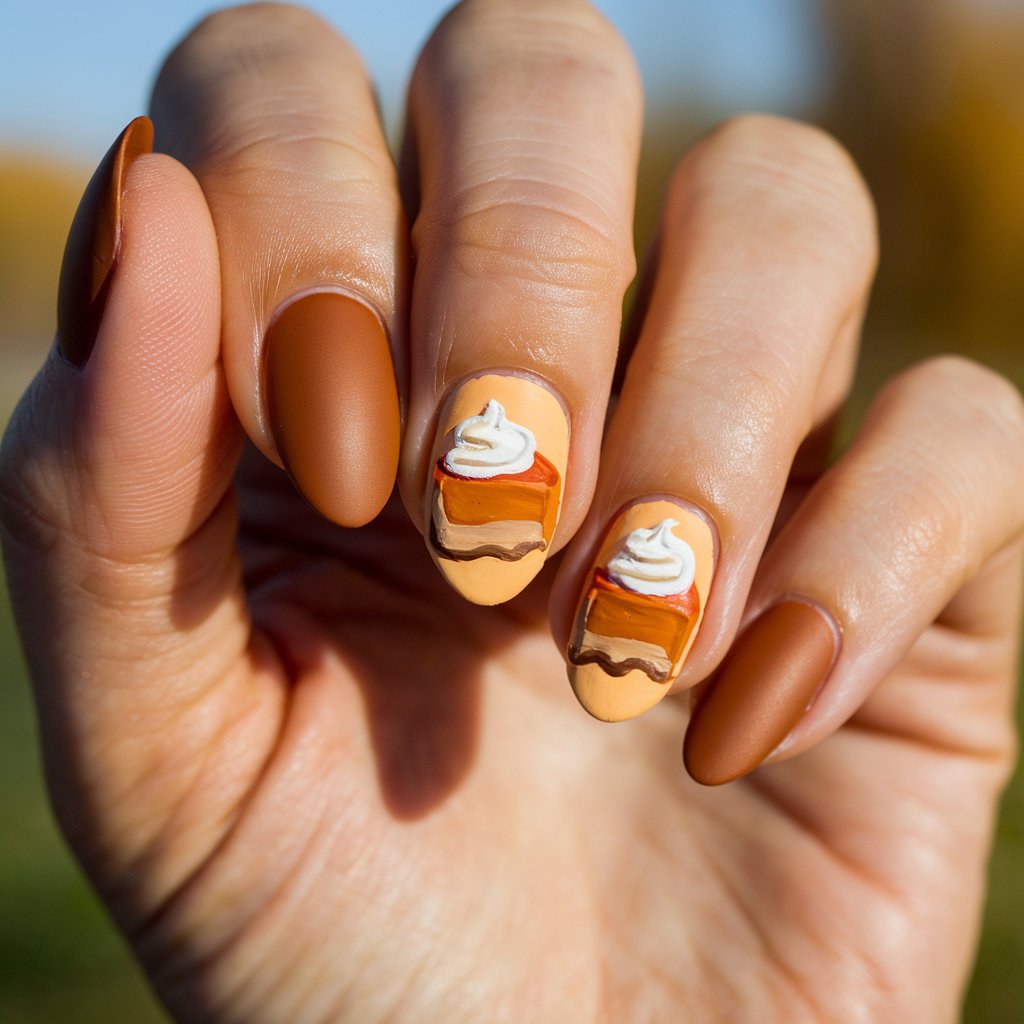 A close-up shot of a well-moisturized oily woman's hand with five fingers. Each nail is coated with matte burnt orange polish. The accent nail displays a mini pumpkin pie slice with whipped cream, hand-painted in rich orange, beige, and white. The nails are short almond-shaped with crisp edges. The background is a natural bright outdoor setting, blurred and casting a soft warmth. The relaxed pose of the hand emphasizes the pie art, which is front and center. These Thanksgiving nails are sweet, fun, and totally dessert-worthy.