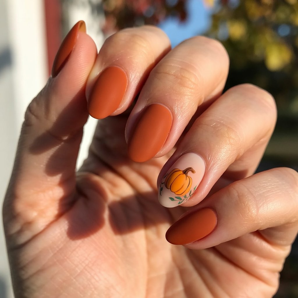 A photograph focusing on a woman's hand, showcasing her five fingers adorned with matte, burnt orange Thanksgiving nails in a soft almond shape. One accent nail displays a tiny, hand-painted pumpkin with subtle brown stems and delicate green vines, creating a charming autumnal detail against the velvety matte finish. The hand rests gently in a relaxed pose, positioned against a softly blurred background of warm sunlight and foliage. Her skin appears freshly moisturized, radiating a healthy glow with the subtle sheen of body oil.