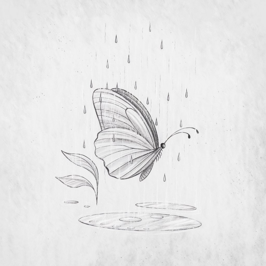 A minimalist, plain white background pencil drawing illustration of a butterfly caught in a soft rain shower. Drawn in a simplistic style, the butterfly has its wings gently drooped, with small teardrop-shaped raindrops scattered over and around it. Light pencil lines represent the falling rain, while soft shading near the wingtips suggests dampness. The butterfly's antennae curve downward slightly, adding to the gentle, melancholic mood. A nearby leaf or puddle may be hinted at with faint lines, but the clean white background keeps the focus centered.