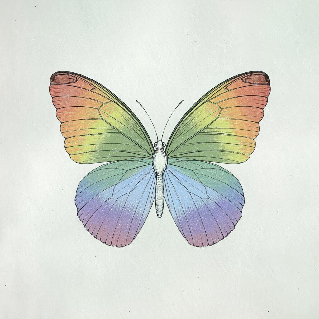 A minimalist, plain white background pencil drawing illustration of a butterfly with wing sections arranged like a rainbow spectrum. The wings are symmetrical and divided by fine lines to separate the imagined colors. The butterfly's body is smoothly sketched with minimal texture, and its antennae extend gently outward.