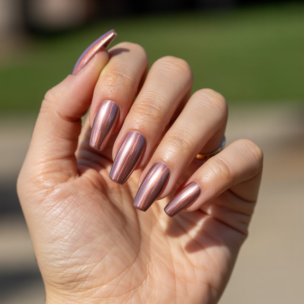 A photograph showcasing a woman's hand, the sole focus, poised gently against a blurred, sun-drenched outdoor background. Each of the five fingers displays elegant rose gold cat eye nails, shaped as coffins with a silky metallic rose base that shimmers with magnetic lines reflecting pink, copper, and gold. The polished nails boast a velvety sheen, and the moisturized skin glows softly, highlighting manicured cuticles and a refined finish. Soft, diffused sunlight illuminates the scene, emphasizing the lustrous cat eye effect and the hand’s relaxed, poised position.