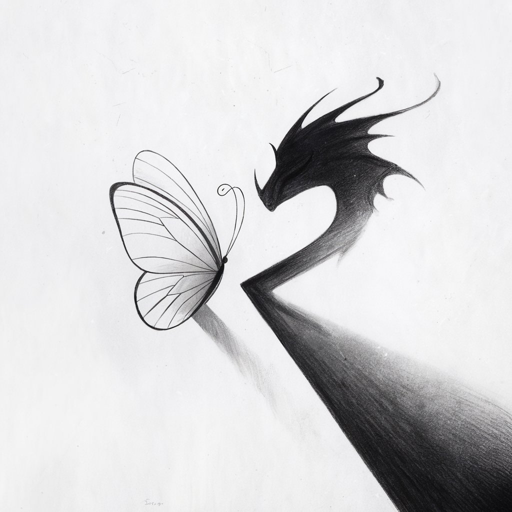 A minimalist, plain white background pencil drawing illustration of a butterfly beside its contrasting shadow. The butterfly is drawn in a simplistic style with lightly outlined wings, while its shadow—cast to the right—is bolder and shaped like a creature with dragon-like features. The butterfly's delicate form contrasts with the strong, angular shadow, which is filled in with soft graphite shading. Thin, curved antennae and simple wing details give it a gentle look, while the imaginative silhouette adds mystery. The clean composition balances realism with subtle fantasy.
